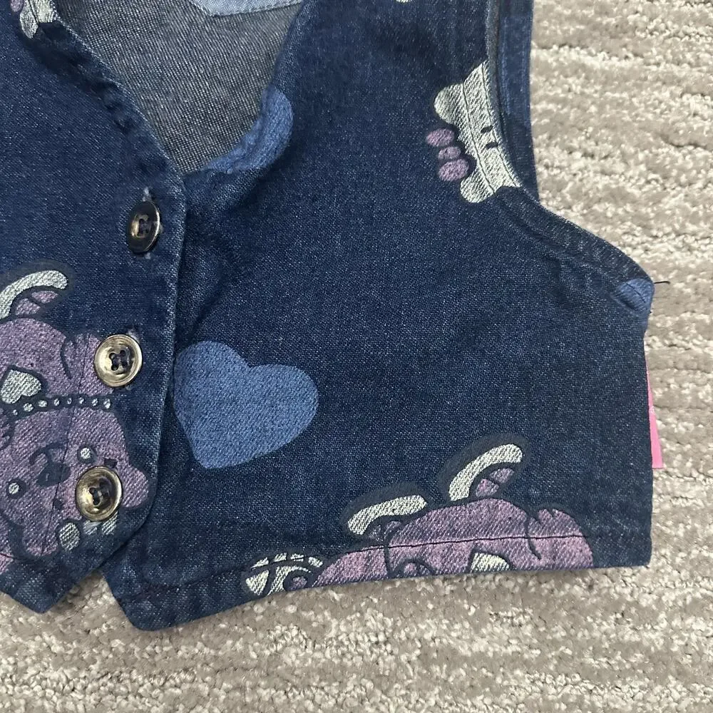 Vintage OshKosh B'gosh Vest Girls 3T Blue Denim Teddy Bear Heart Print USA 90s